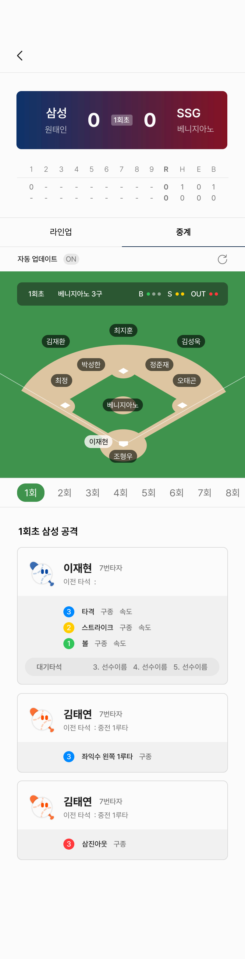 경기 상세 화면 — 스코어보드, 필드 라인업, 이닝별 문자중계